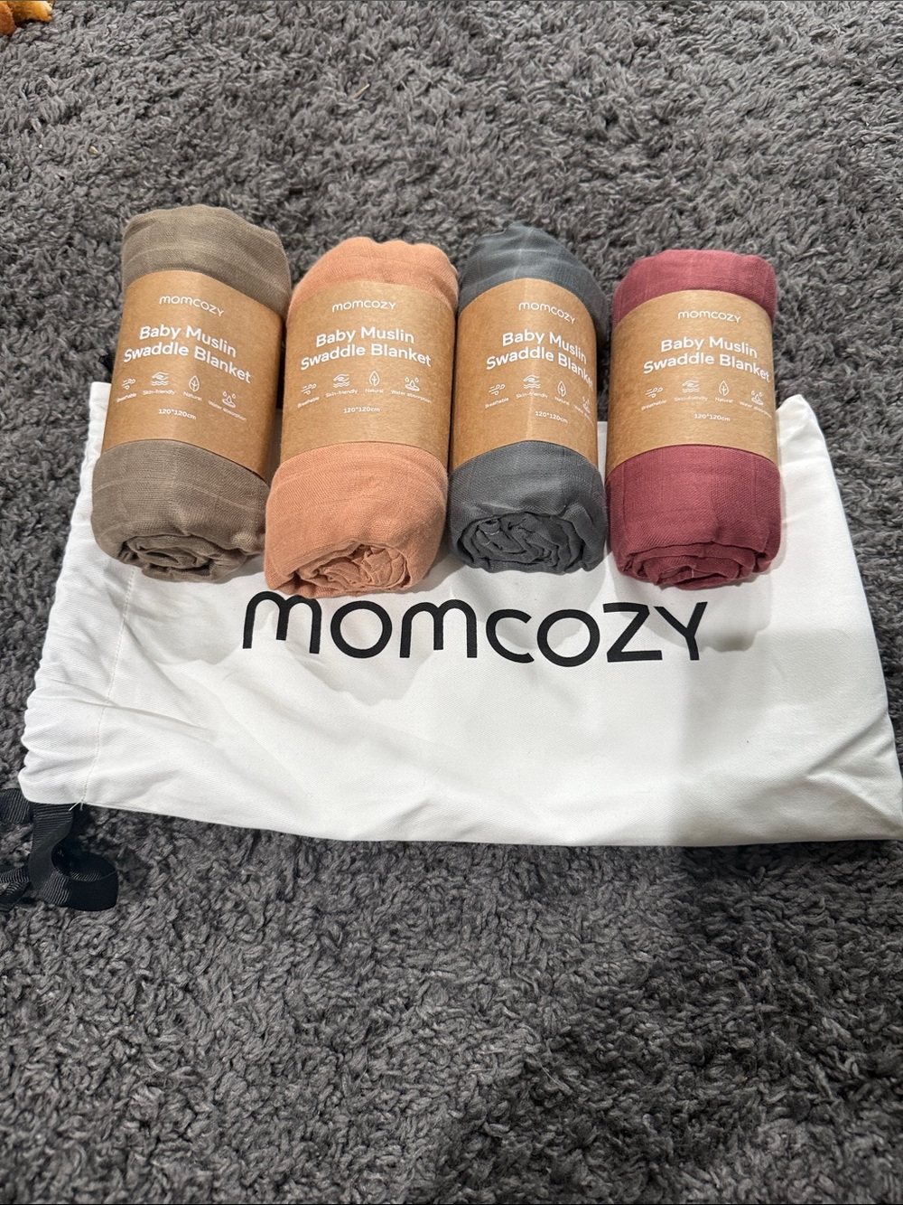 Baby Muslin Swaddle Blankets - Taupe, Rust, Charcoal, Burgundy - Set of 4